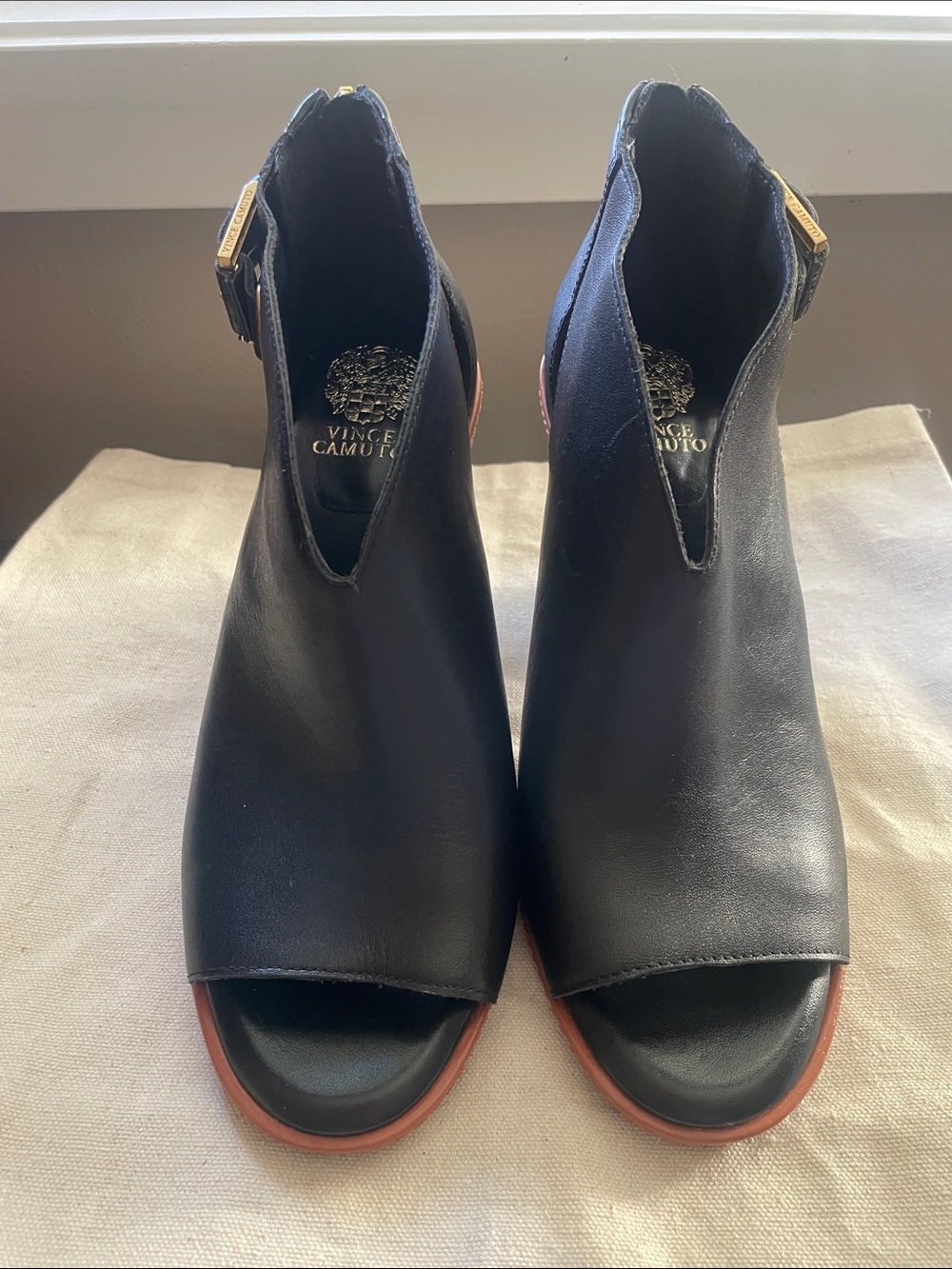 Vince Camuto Black Leather Open-Toe Buckle Heeled Booties with Brown Trim - Picture 2 of 10